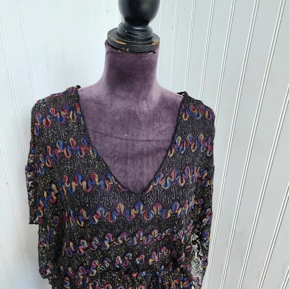 Womens Black Multi Sheer Crochet Lace  Dress Pool Coverup Strerch Drawstring M/L
